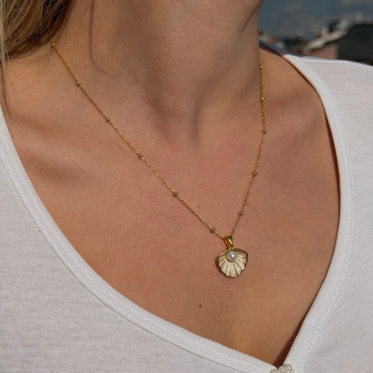 925 Gümüş| İncili Deniz Kabuğu Kolye