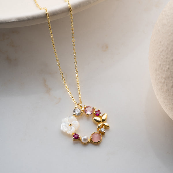 925 Gümüş| Renkli Taşlı Çiçekli İnci Kolye