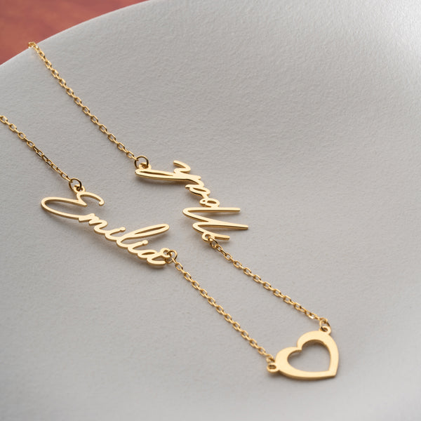 925 Gümüş| Kalpli İkili İsim Kolye