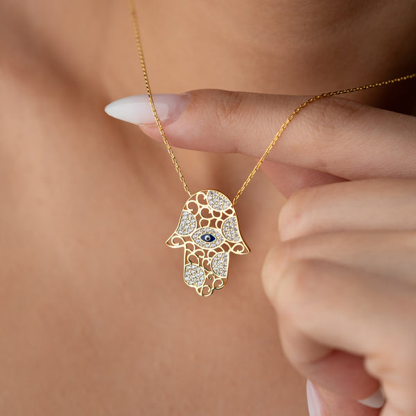 925 Gümüş| Zirkon Taşlı Hamsa Kolye