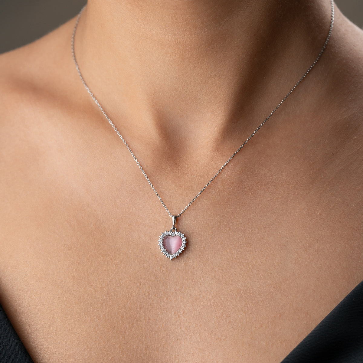 925 Gümüş| Pembe Opal Taşlı Kalp Kolye