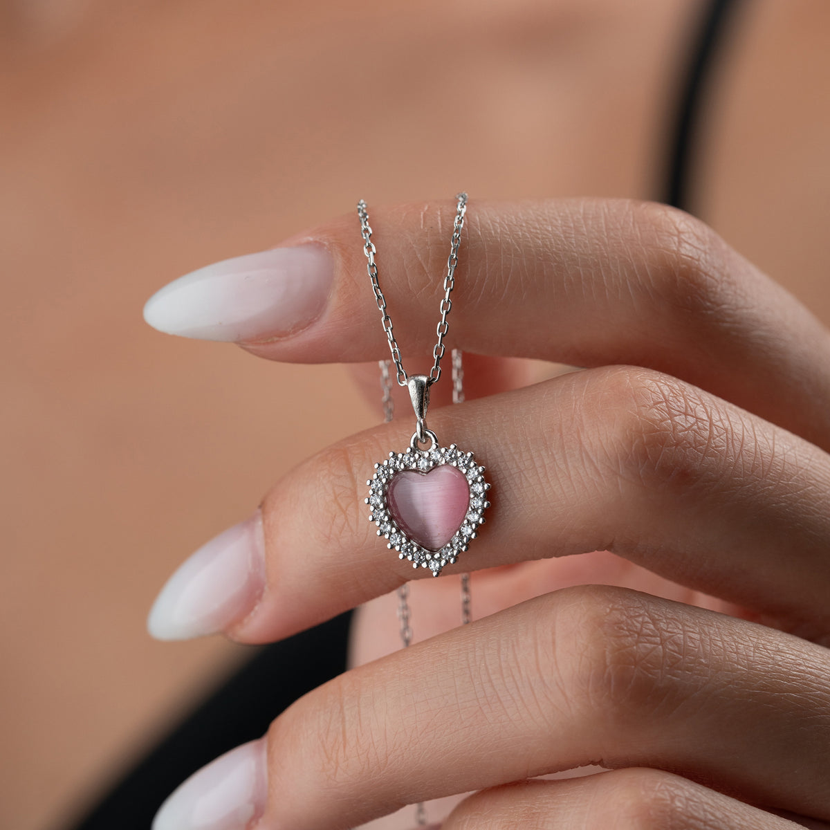 925 Gümüş| Pembe Opal Taşlı Kalp Kolye