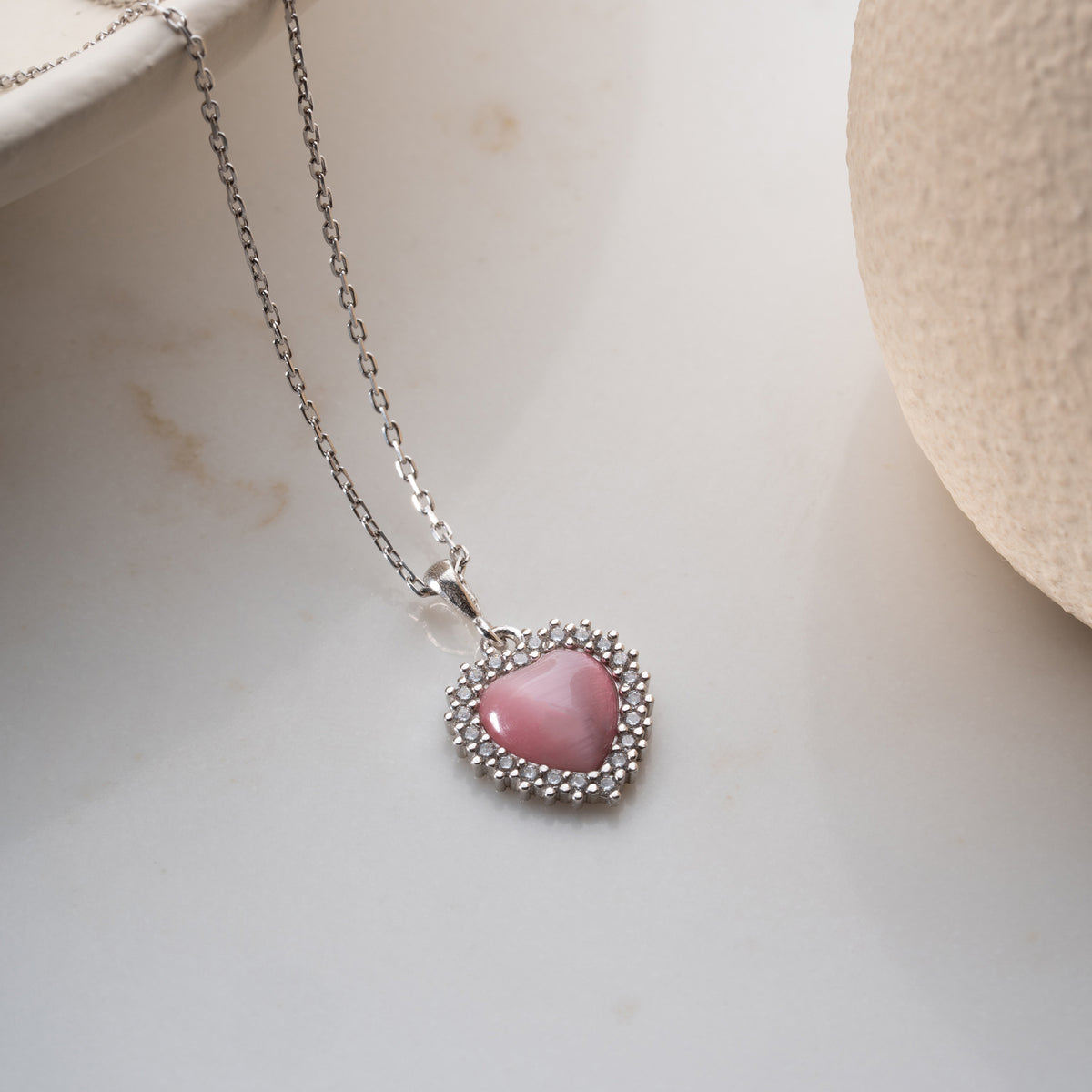 925 Gümüş| Pembe Opal Taşlı Kalp Kolye