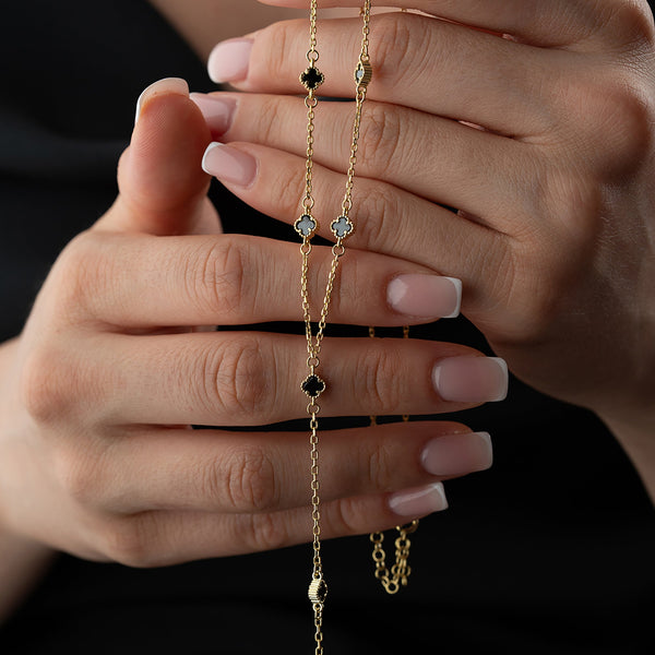 925 Gümüş| Siyah Mini Yonca Y Kolye