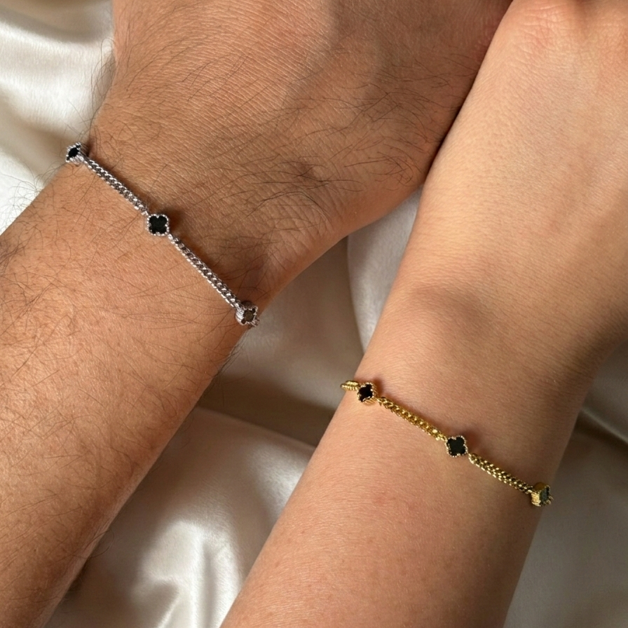 925 Gümüş| Siyah Mini Yonca Çift Bileklik