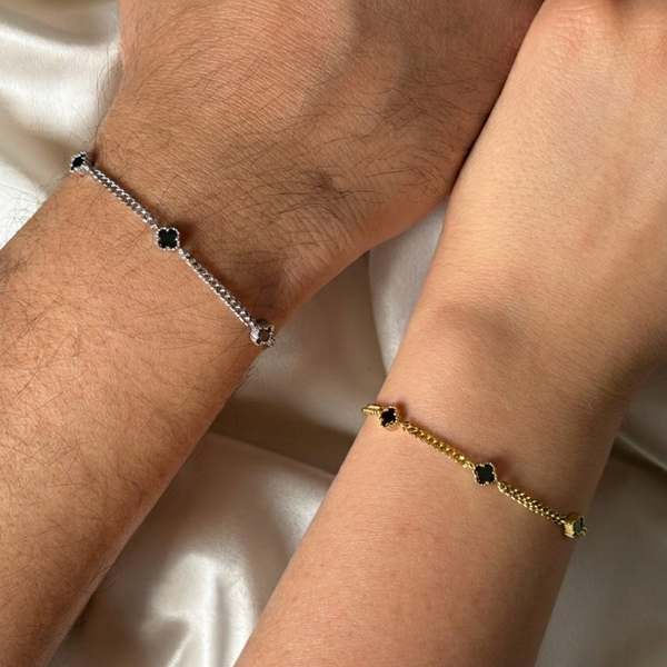 925 Gümüş| Siyah Mini Yonca Çift Bileklik