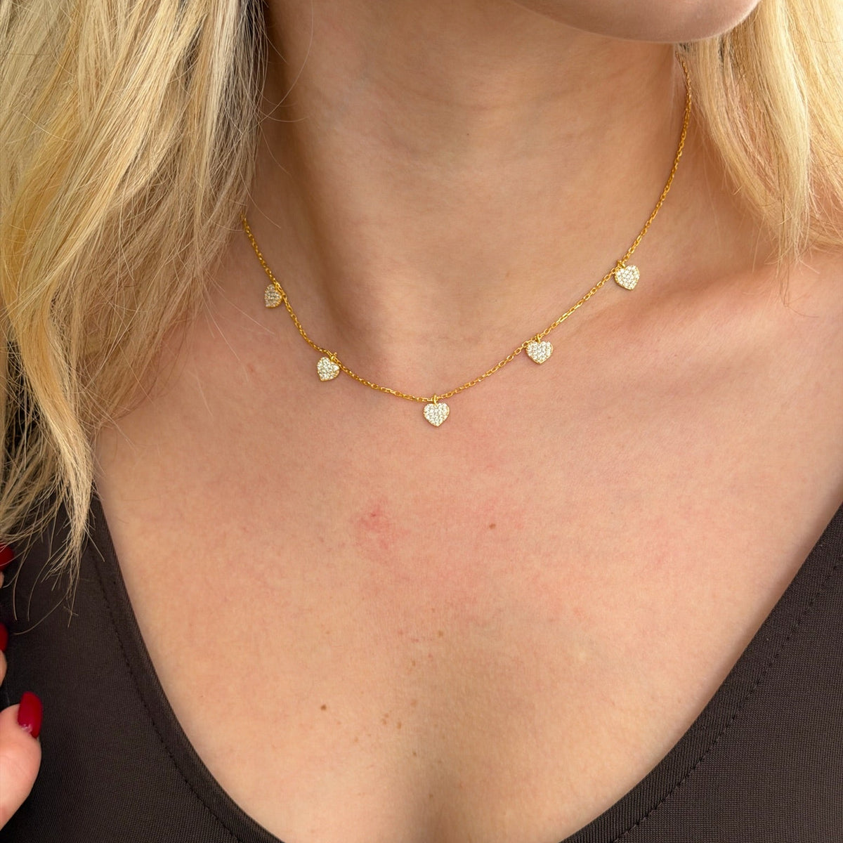 925 Gümüş| 5'li Zirkon Kalpli Kolye